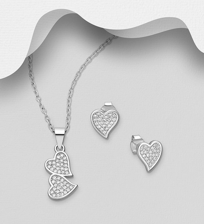 Wholesale 925 Sterling Silver Heart Push-Back Earrings and Pendant Jewelry Set, Decorated with CZ Simulated Diamonds - SKU #701-33810
