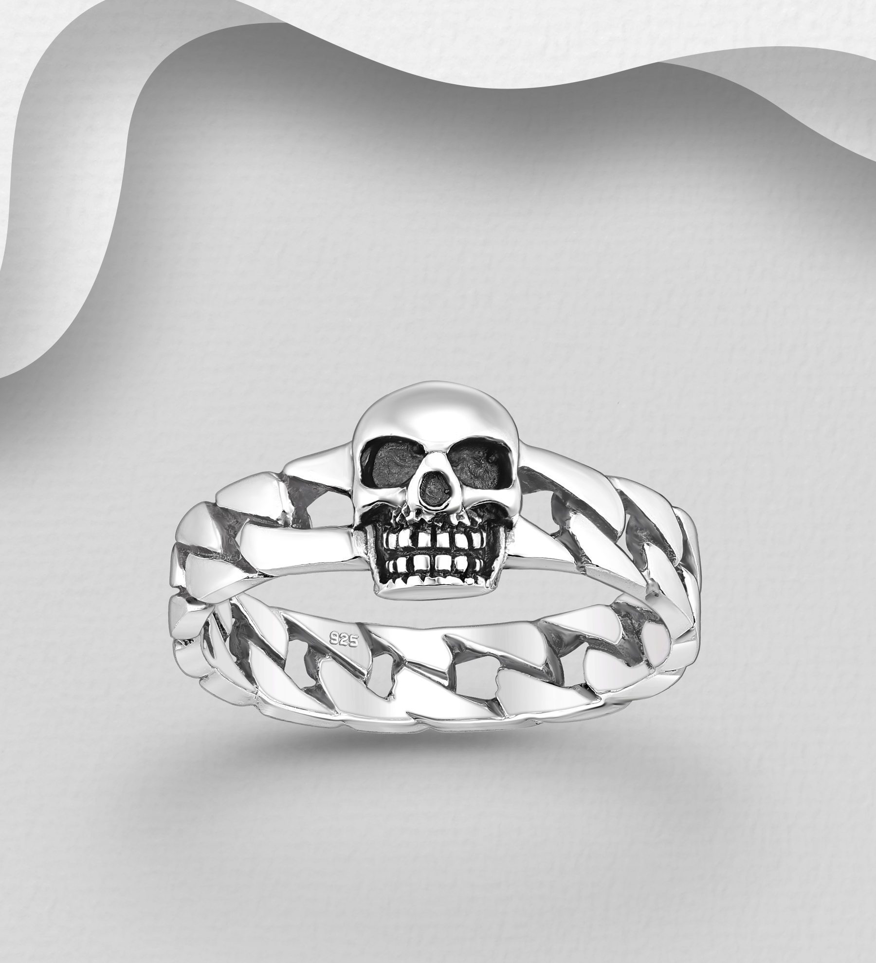 Wholesale 925 Sterling Silver Oxidized Skull and Chain Ring - SKU #768-665