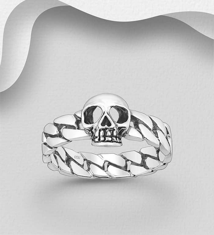Wholesale 925 Sterling Silver Oxidized Skull and Chain Ring - SKU #768-666