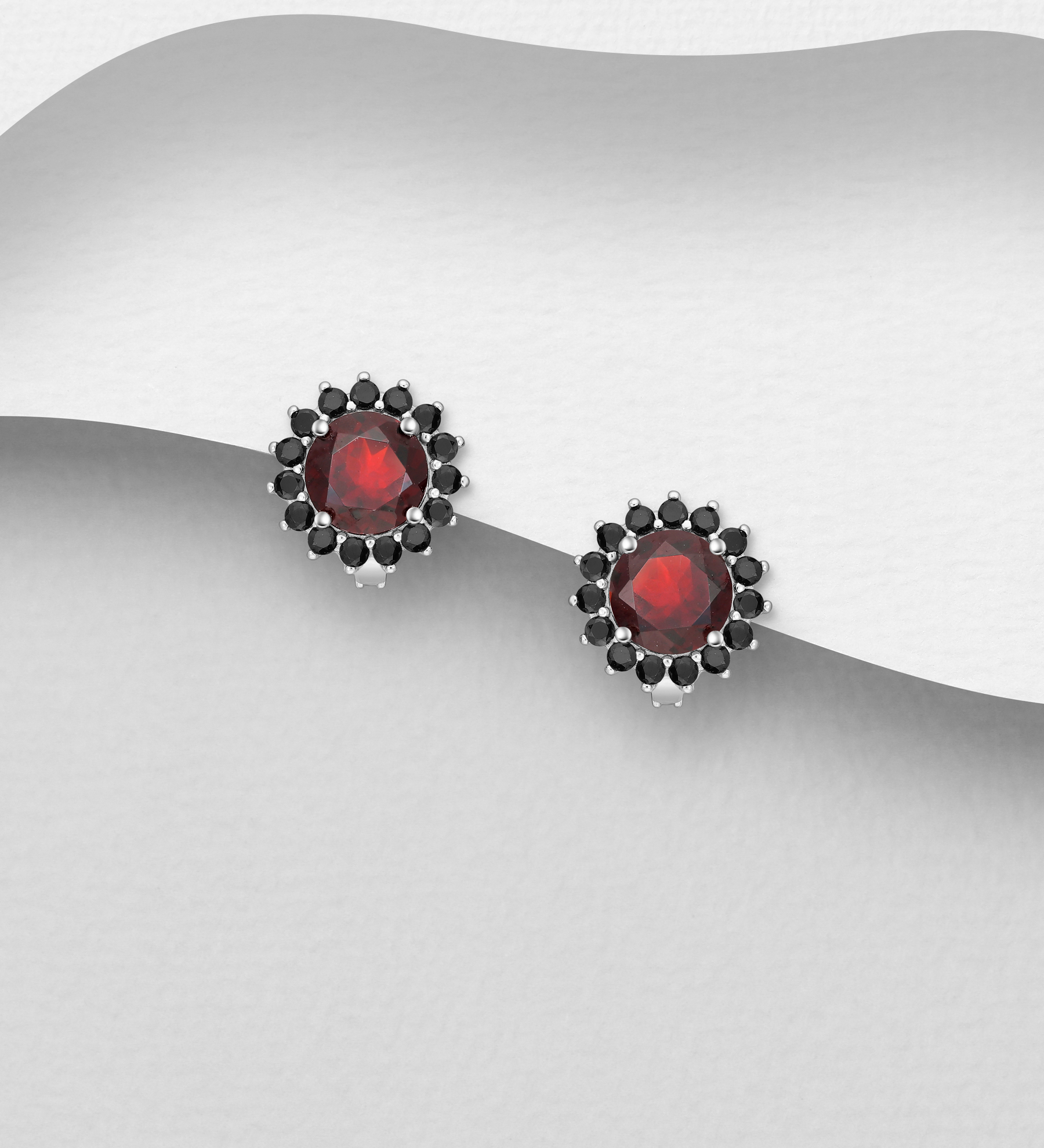 La Preciada - Wholesale 925 Sterling Silver Omega Lock Earrings, Decorated with Garnet and Black Spinel - SKU #1181-5325