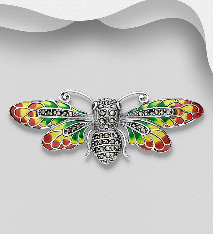 Wholesale 925 Sterling Silver Bee Brooches, Decorated with Colored Enamel, Marcasite and Ruby - SKU #565-7182