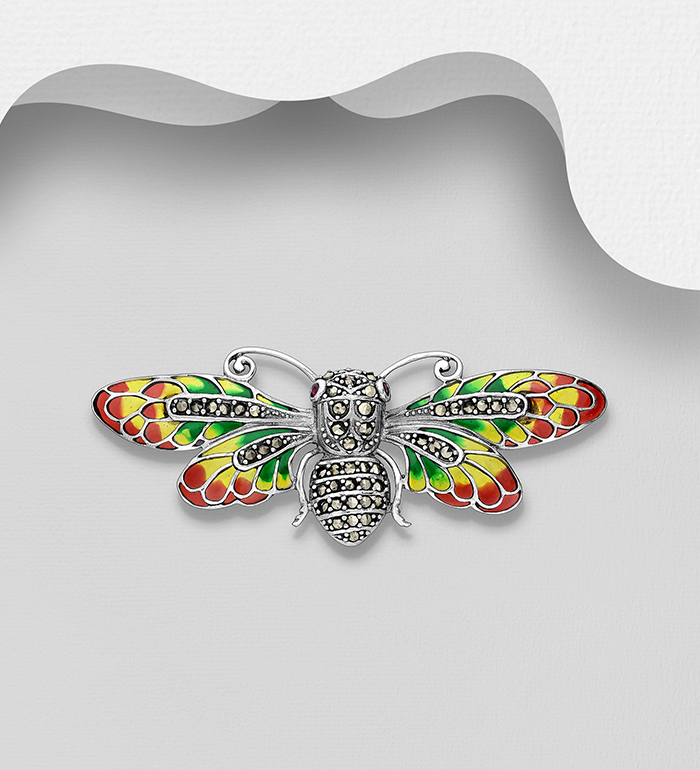 Wholesale 925 Sterling Silver Bee Brooches, Decorated with Colored Enamel, Marcasite and Ruby - SKU #565-7182