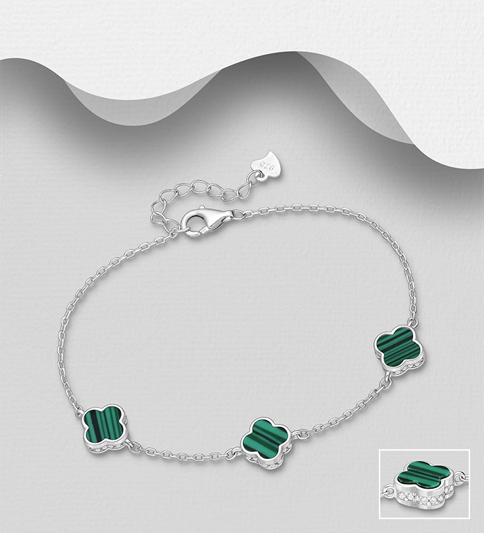 Wholesale 925 Sterling Silver Clover Bracelet, Decorated with Resin and CZ Simulated Diamonds  - SKU #2140-794
