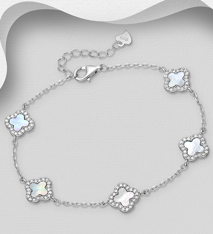 Wholesale 925 Sterling Silver Clover Bracelet, Decorated with Shell and CZ Simulated Diamonds - SKU #789-5008
