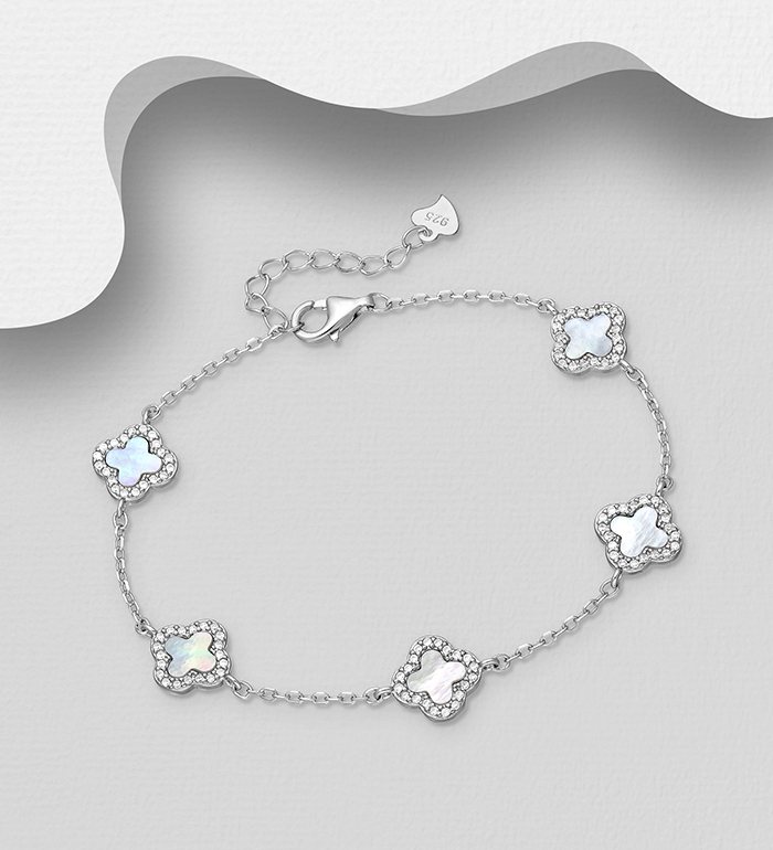 Wholesale 925 Sterling Silver Clover Bracelet, Decorated with Shell and CZ Simulated Diamonds - SKU #789-5008