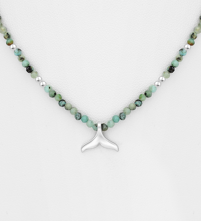 Wholesale 925 Sterling Silver Whale Tail Necklace, Beaded with Various Gemstone Beads - SKU #883-10159