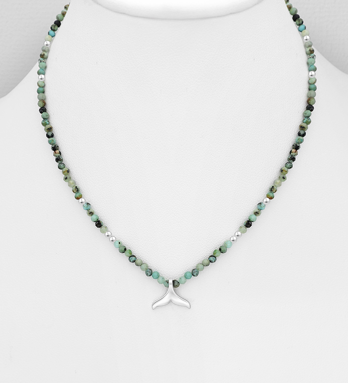 Wholesale 925 Sterling Silver Whale Tail Necklace, Beaded with Various Gemstone Beads - SKU #883-10159
