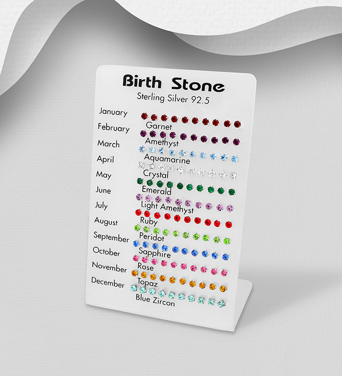 Wholesale 925 Sterling Silver Push-Back Earrings Set of 60 Pairs, Decorated with Various Colors of Crystal Glass. Comes with Display. - SKU #203-141
