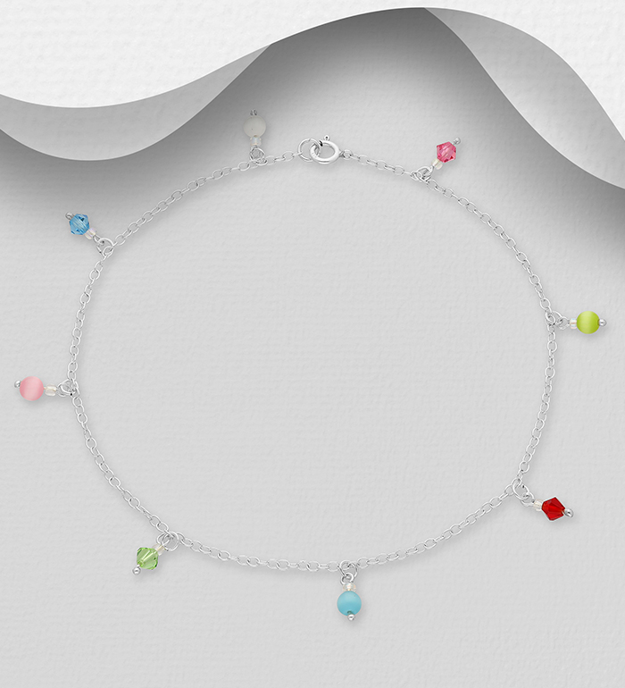 Wholesale 925 Sterling Silver Anklet Beaded With Crystal Glass And Cats eye - SKU #222-63