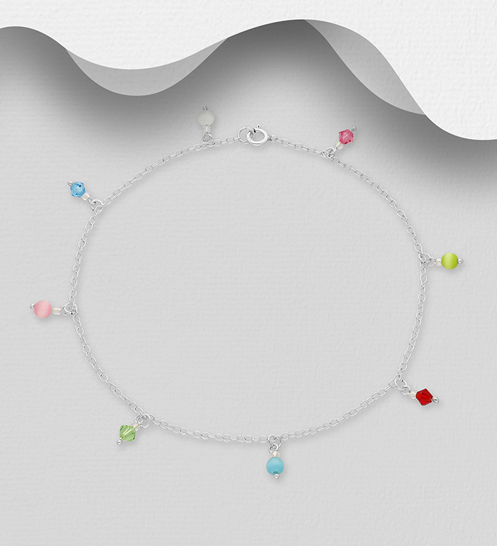Wholesale 925 Sterling Silver Anklet Beaded With Crystal Glass And Cats eye - SKU #222-63