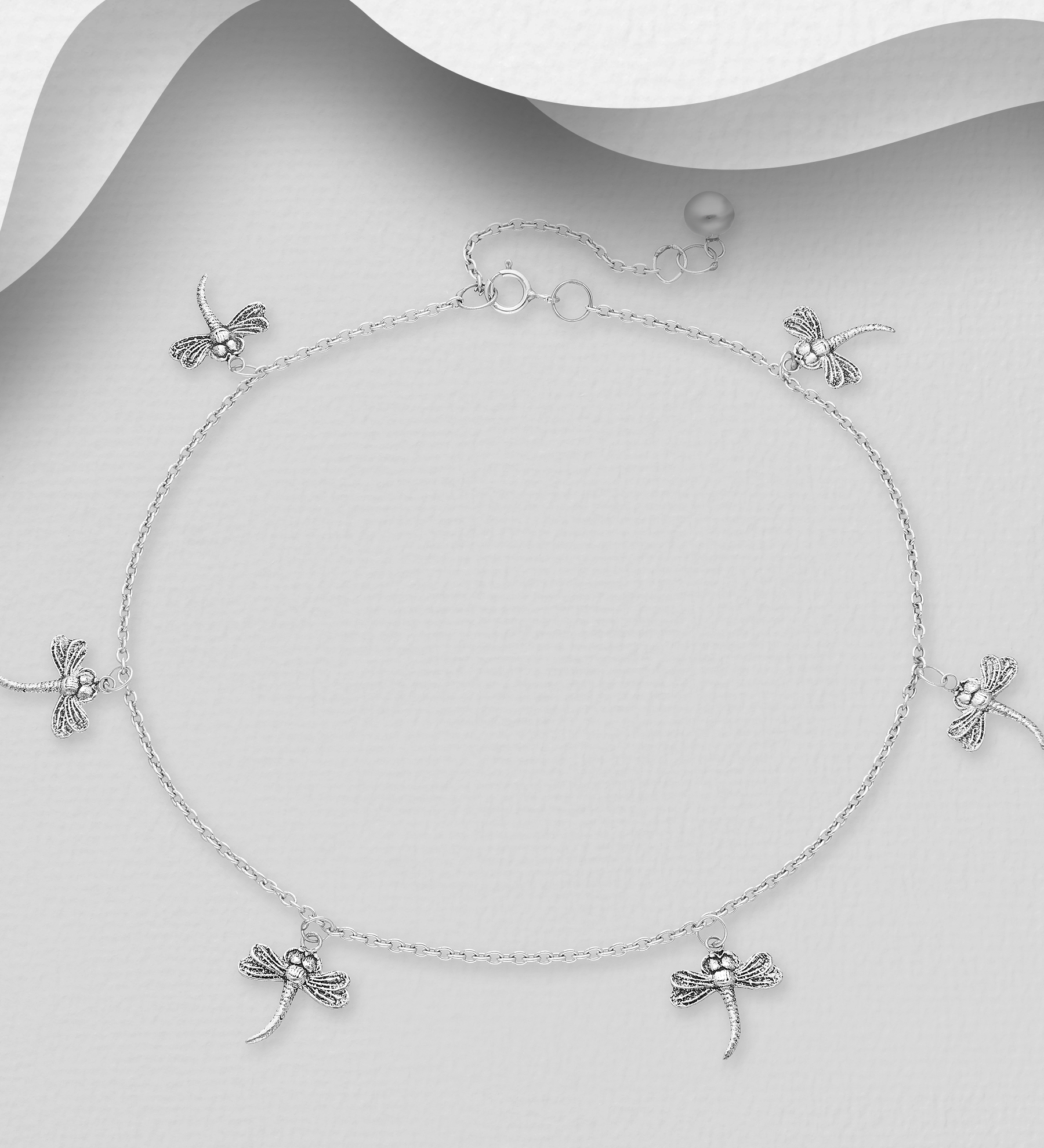Sterling silver anklet decorated with six dragonflies. - SKU #90-191