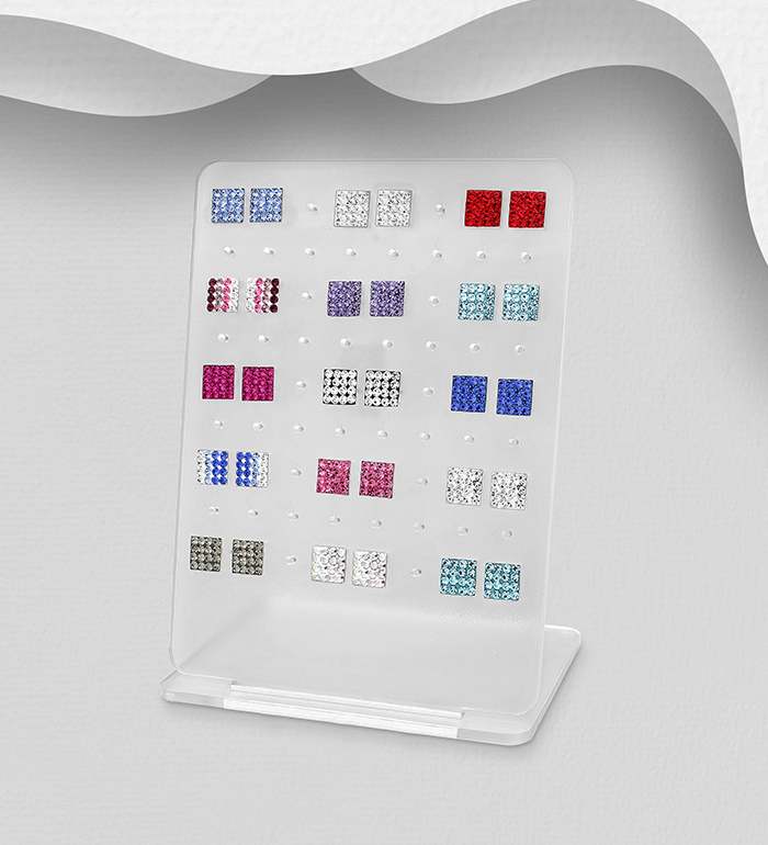 Wholesale 925 Sterling Silver Square Push-Back Earrings Set 15 Pairs, Decorated with Various Colors of Crystal Glass. Comes with Display. - SKU #595-115