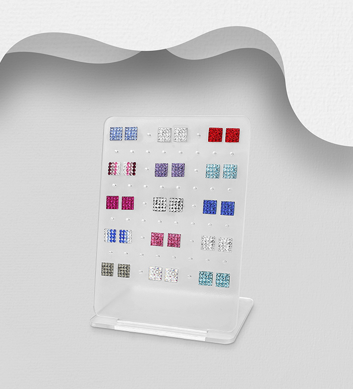 Wholesale 925 Sterling Silver Square Push-Back Earrings Set 15 Pairs, Decorated with Various Colors of Crystal Glass. Comes with Display. - SKU #595-115