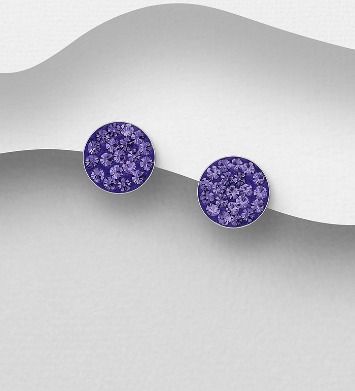 Wholesale 925 Sterling Silver Circle Push-Back Earrings, Decorated with Various Colors of Crystal Glass - SKU #755-294