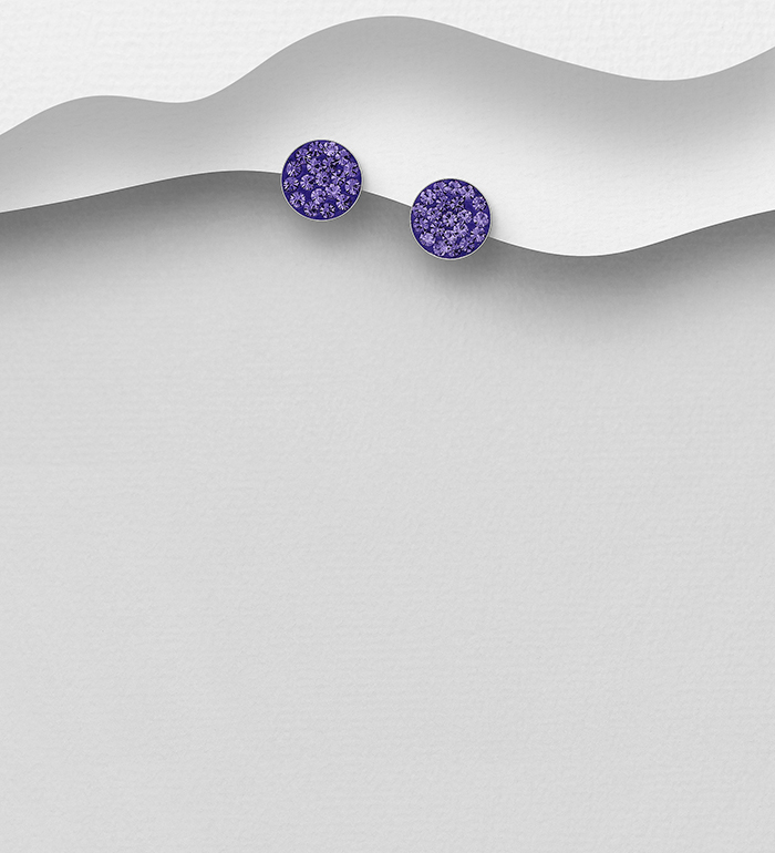 Wholesale 925 Sterling Silver Circle Push-Back Earrings, Decorated with Various Colors of Crystal Glass - SKU #755-294