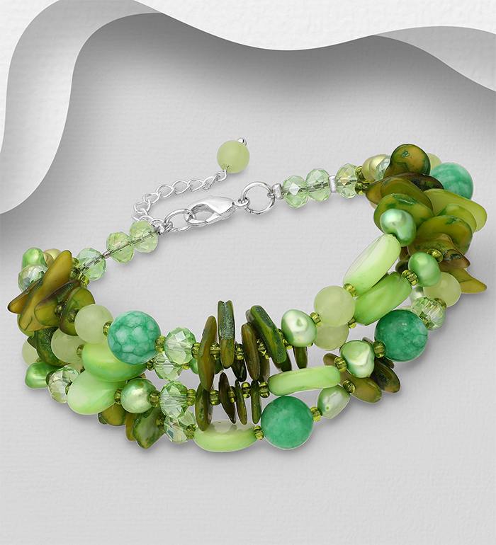 Wholesale Zinc Bracelet Beaded with Lemon Quartz, Mother of Pearls (Dyed Green & Lawn Green),  Dyed Fresh Water Pearls  And Glass - SKU #756-289