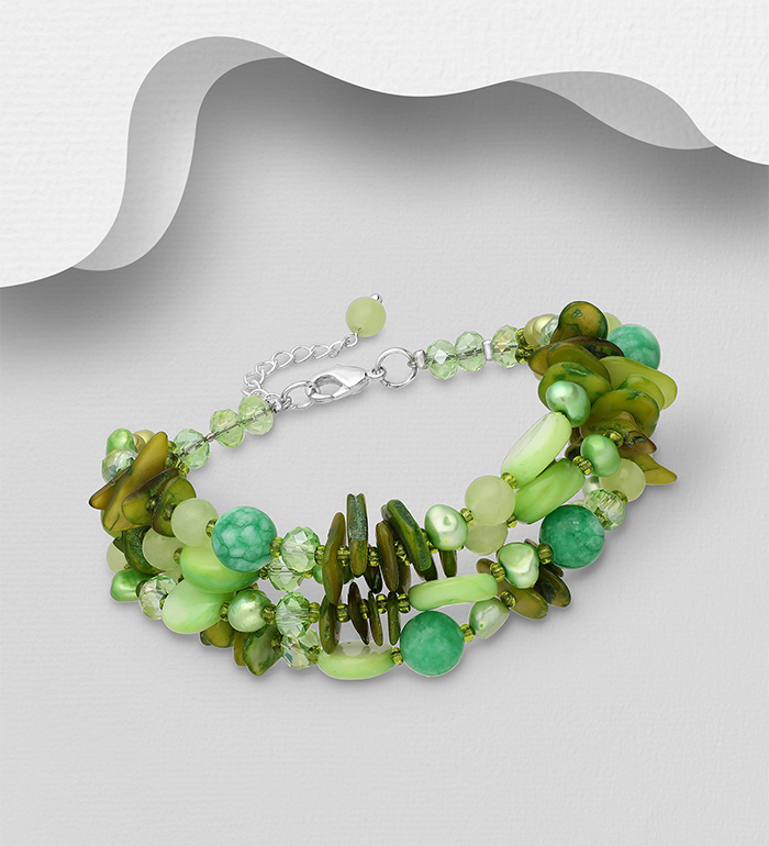 Wholesale Zinc Bracelet Beaded with Lemon Quartz, Mother of Pearls (Dyed Green & Lawn Green),  Dyed Fresh Water Pearls  And Glass - SKU #756-289