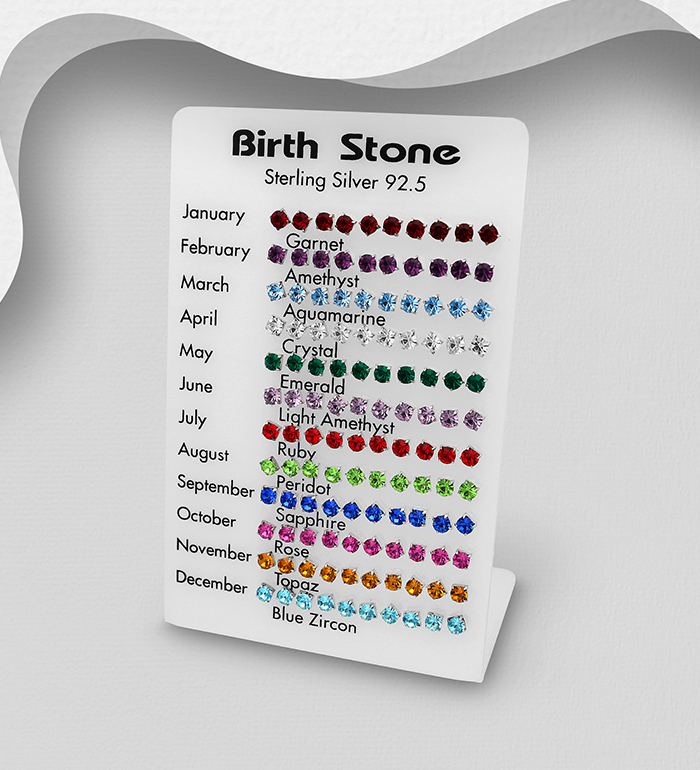 Wholesale 925 Sterling Silver Push-Back Earrings Set of 60 Pairs, Decorated with Various Colors of Crystal Glass. Comes with Display. - SKU #203-148