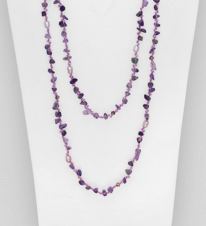 Wholesale Japanese silk cord Necklace Beaded with Amethyst, Freshwater pearls, Crystal glass and Seed Beads - SKU #727-620