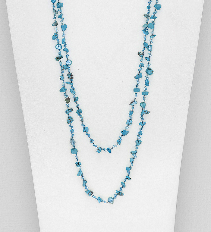Wholesale Japanese silk cord Necklace Beaded with Freshwater Pearl, Reconstructed Sky Blue Turquoise and Seed Beads - SKU #727-621