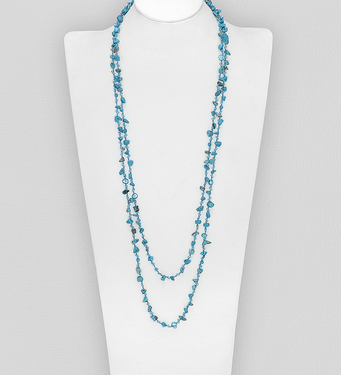 Wholesale Japanese silk cord Necklace Beaded with Freshwater Pearl, Reconstructed Sky Blue Turquoise and Seed Beads - SKU #727-621