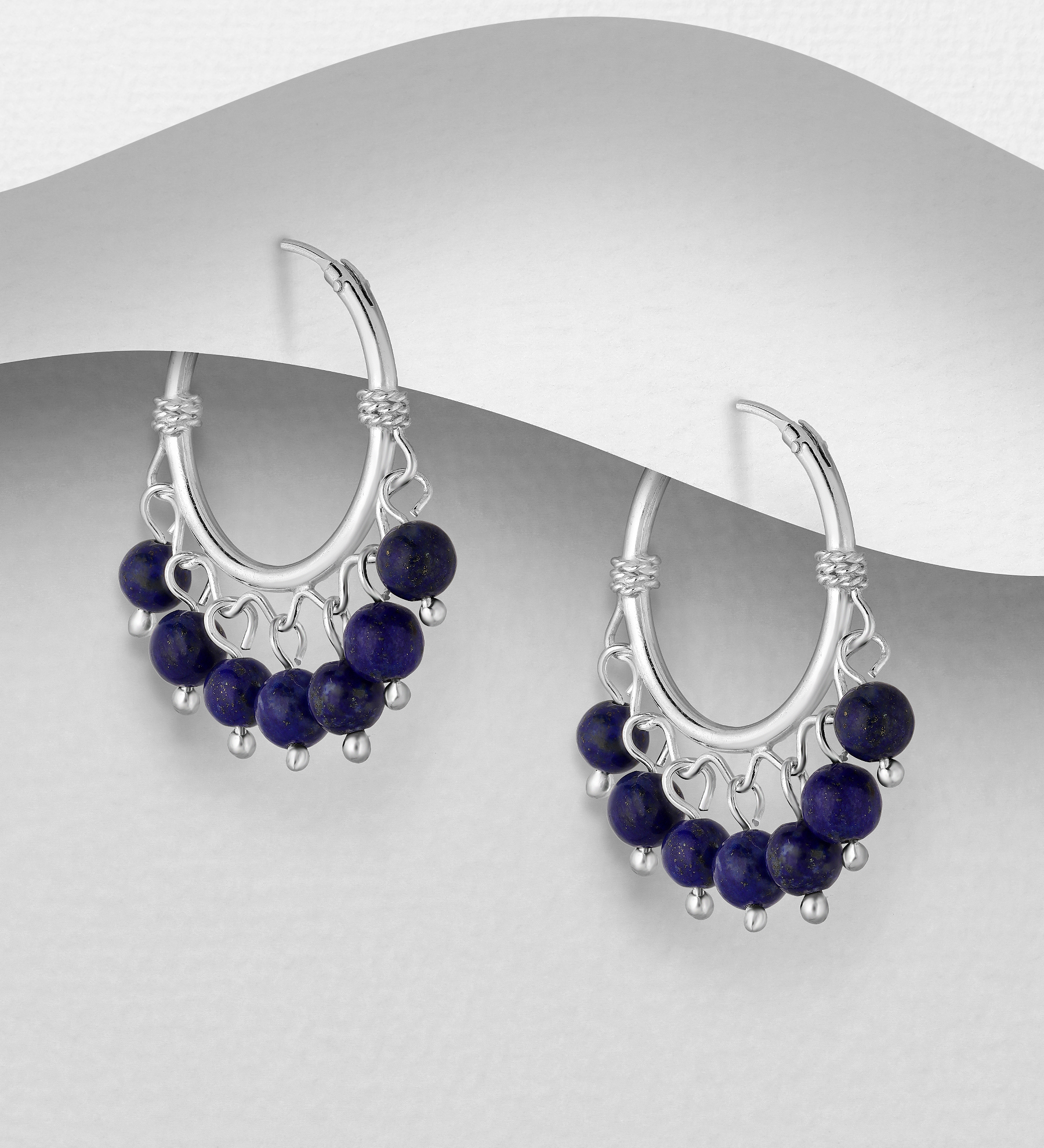 Wholesale 925 Sterling Silver Hoop Dangle Earrings, Beaded with Lapis Lazulis - SKU #781-765