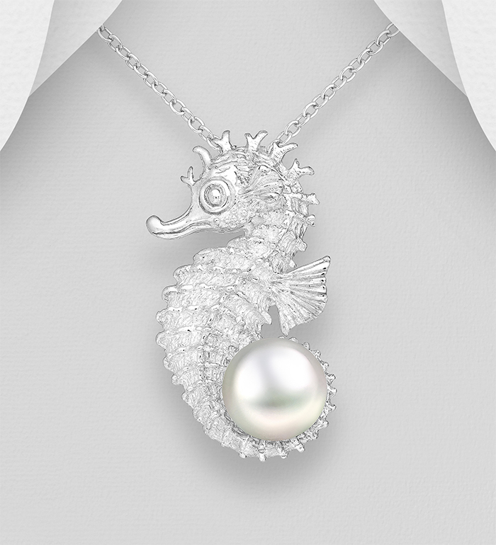 Wholesale 925 Sterling Silver Seahorse Pendant Decorated With Fresh Water Pearl - SKU #382-602