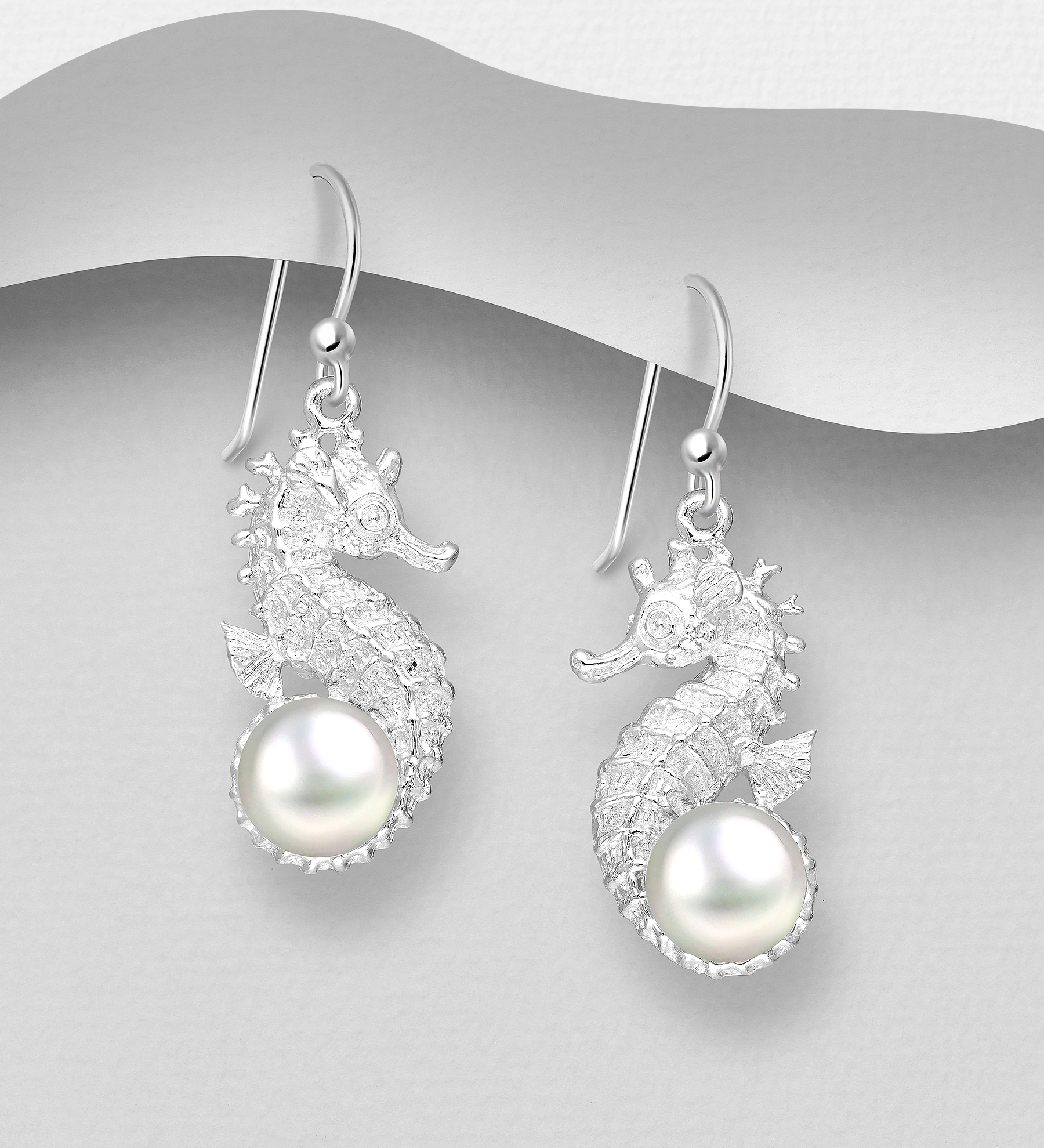 Wholesale 925 Sterling Silver Seahorse Hook Earrings Decorated With Fresh Water Pearls - SKU #382-631