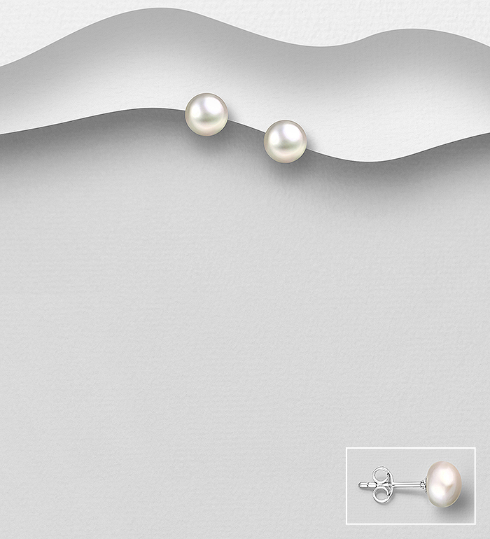 Wholesale 925 Sterling Silver Push-Back Earrings, Decorated with 7-7.5 mm Diameter AAA Freshwater Pearls - SKU #515-305AAA