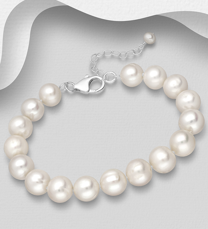 Wholesale 925 Sterling Silver Bracelet, Beaded with 9-10 mm Diameter AA+ Freshwater Pearls - SKU #514-120AAX
