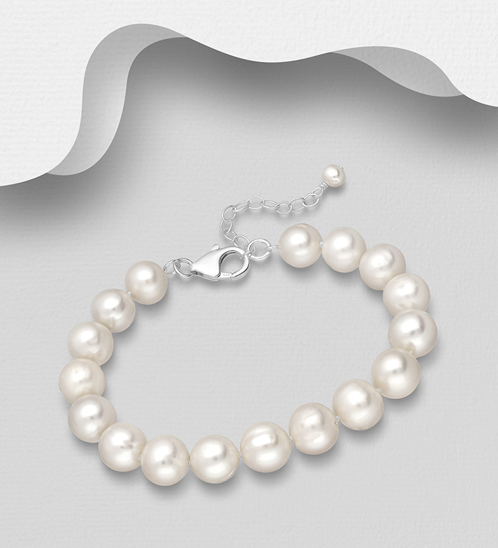 Wholesale 925 Sterling Silver Bracelet, Beaded with 9-10 mm Diameter AA+ Freshwater Pearls - SKU #514-120AAX