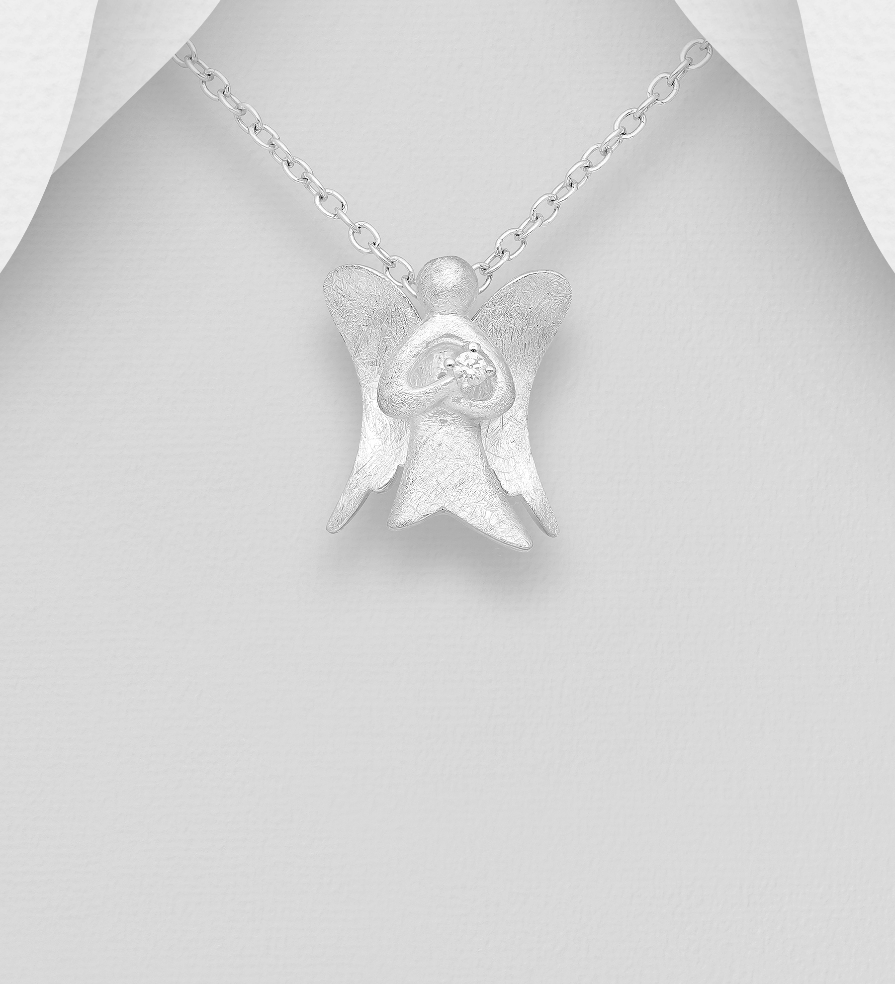 Wholesale 925 Sterling Silver Matte Angel Pendant Decorated with CZ Simulated Diamonds - SKU #1063-426