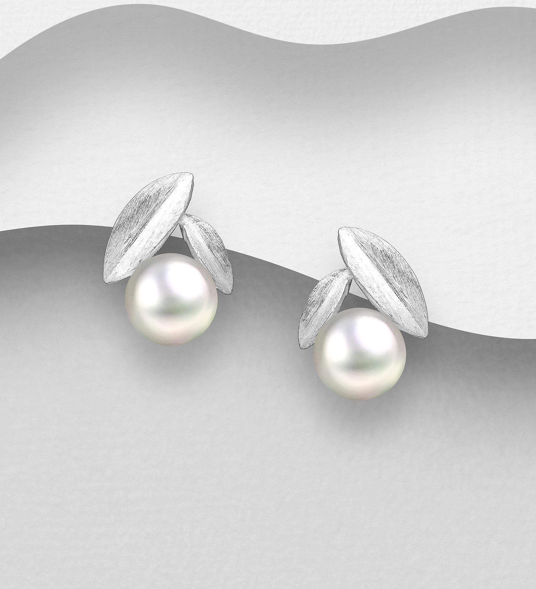 Wholesale 925 Sterling Silver Matte Leaf Push-Back Earrings Decorated with Freshwater Pearls - SKU #1063-458