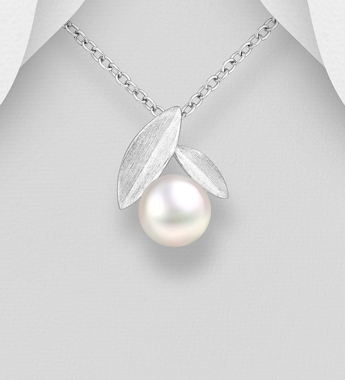 Wholesale 925 Sterling Silver Matte Leaf Pendant Decorated with Freshwater Pearl - SKU #1063-459