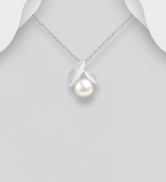 Wholesale 925 Sterling Silver Matte Leaf Pendant Decorated with Freshwater Pearl - SKU #1063-459