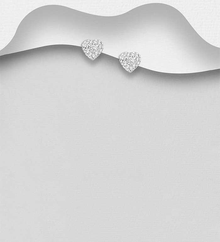 Wholesale 925 Sterling Silver Heart Push-Back Earrings, Decorated with Various Colors of Crystal Glass - SKU #578-490