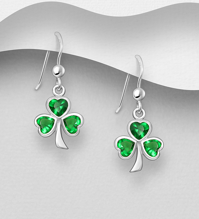 Wholesale 925 Sterling Silver Shamrock Hook Earrings Decorated With Glass - SKU #1076-26