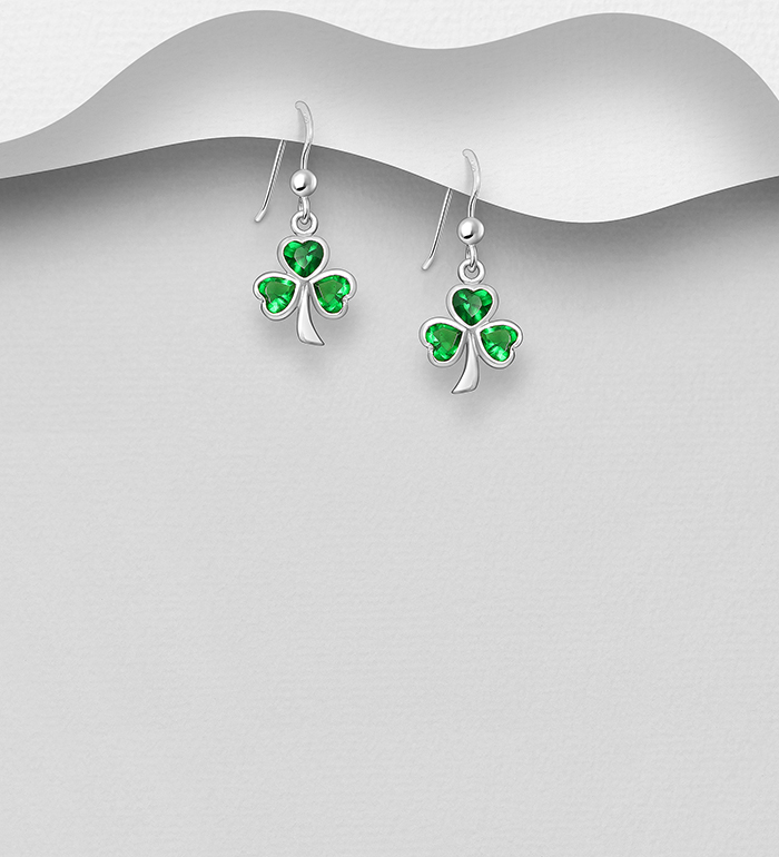 Wholesale 925 Sterling Silver Shamrock Hook Earrings Decorated With Glass - SKU #1076-26