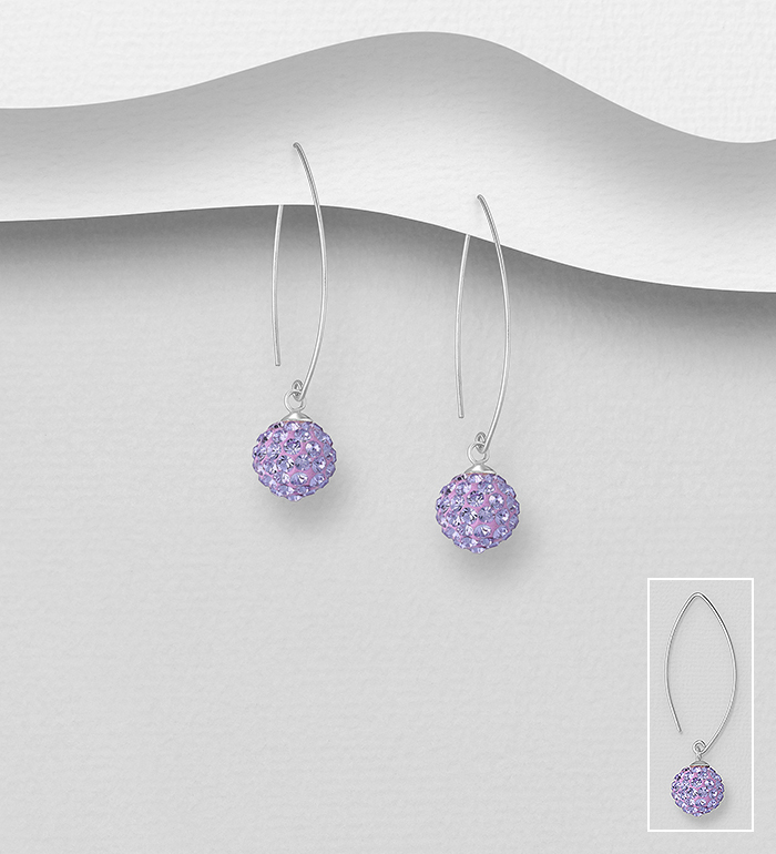 Wholesale 925 Sterling Silver Hook Earrings, Decorated with Various Colors of Crystal Glass - SKU #578-657