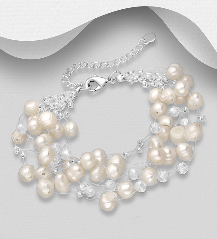 Wholesale Japanese Silk Cord Bracelet Beaded With Fresh Water Pearls And Crystal Glass - SKU #727-1239
