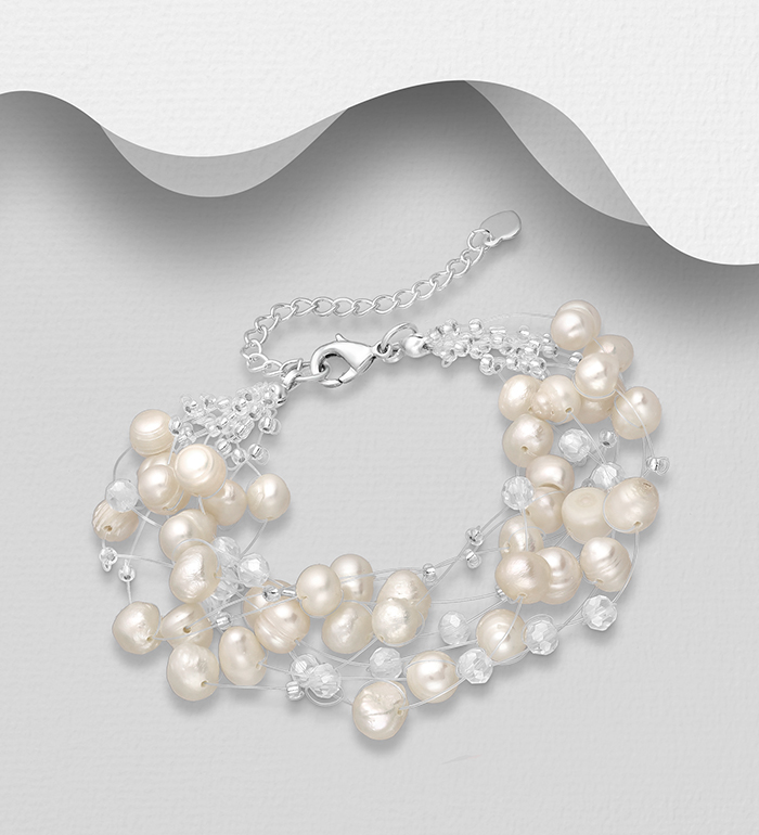 Wholesale Japanese Silk Cord Bracelet Beaded With Fresh Water Pearls And Crystal Glass - SKU #727-1239