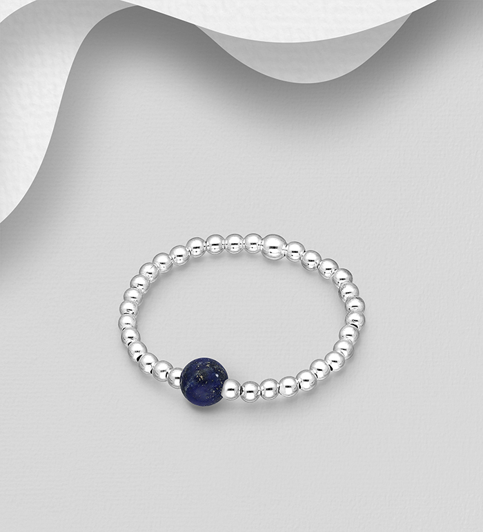 Wholesale 925 Sterling Silver Elastic Ring, Beaded with Various Gemstones - SKU #781-2148