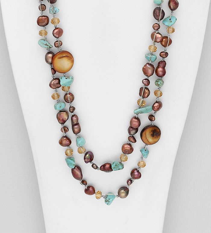 Wholesale Japanese silk cord Necklace Beaded with Dyed Burgundy FreshWater Pearl, Dyed Orange Mother of Pearl , Reconstructed Light Green Turquoise and Crystal Glass - SKU #890-1495