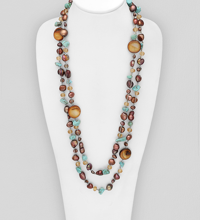 Wholesale Japanese silk cord Necklace Beaded with Dyed Burgundy FreshWater Pearl, Dyed Orange Mother of Pearl , Reconstructed Light Green Turquoise and Crystal Glass - SKU #890-1495