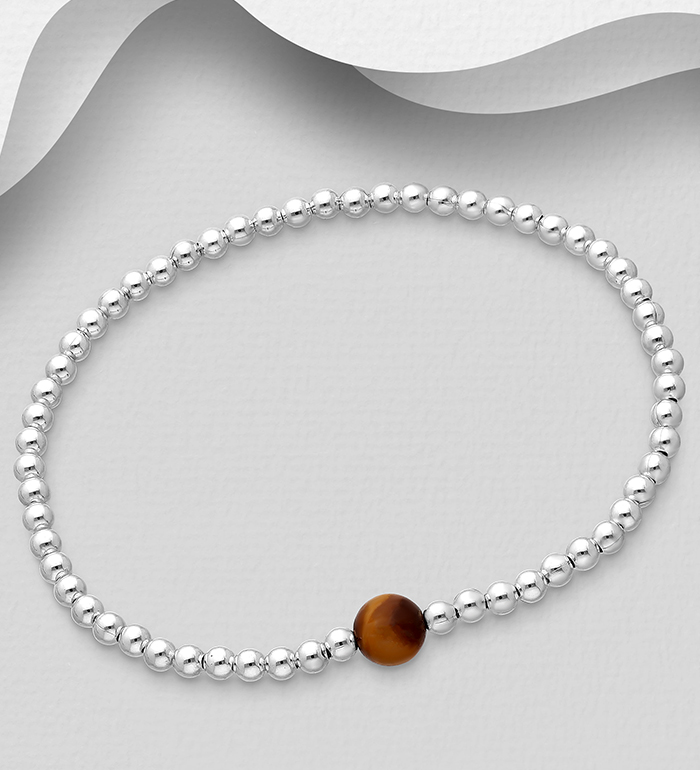 Wholesale 925 Sterling Silver Elastic Bracelet, Beaded with Various Gemstones - SKU #781-2370