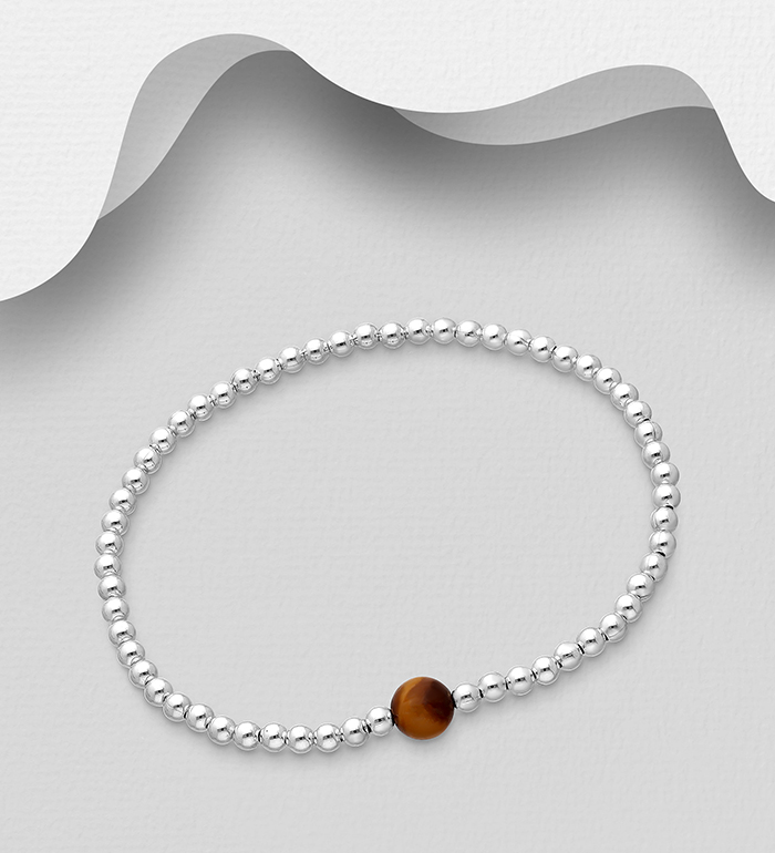 Wholesale 925 Sterling Silver Elastic Bracelet, Beaded with Various Gemstones - SKU #781-2370