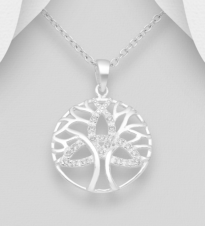 Wholesale 925 Sterling Silver Celtic Trinity and Tree of Life Pendant, Decorated with CZ Simulated Diamonds - SKU #701-6110