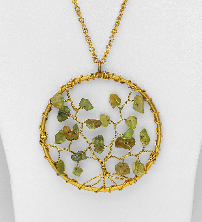 Wholesale Yellow Gold Over Solid Brass Tree of Life Necklace Beaded With Semi-Gemstone Beads - SKU #890-2220