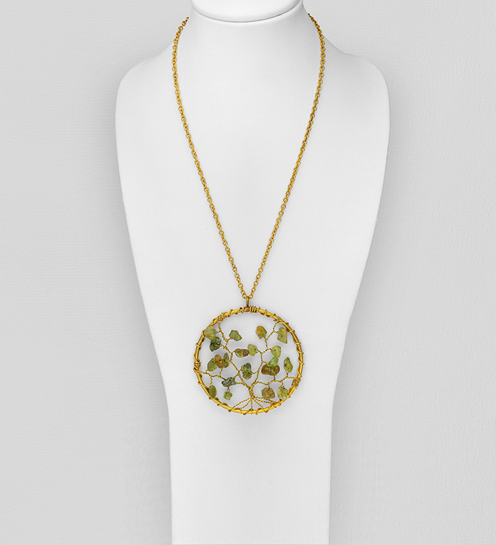 Wholesale Yellow Gold Over Solid Brass Tree of Life Necklace Beaded With Semi-Gemstone Beads - SKU #890-2220