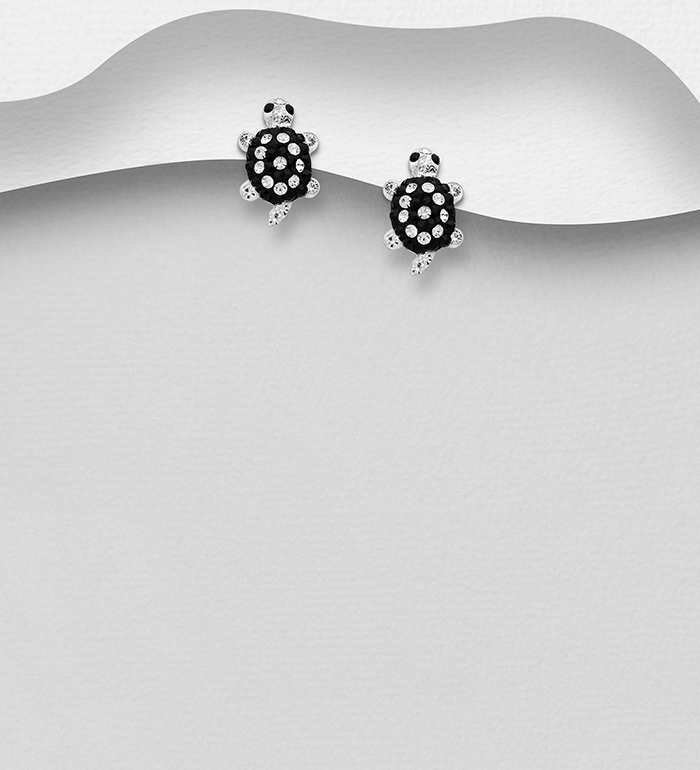 Wholesale 925 Sterling Silver Turtle Push-Back Earrings, Decorated with Various Colors of Crystal Glass - SKU #578-1460